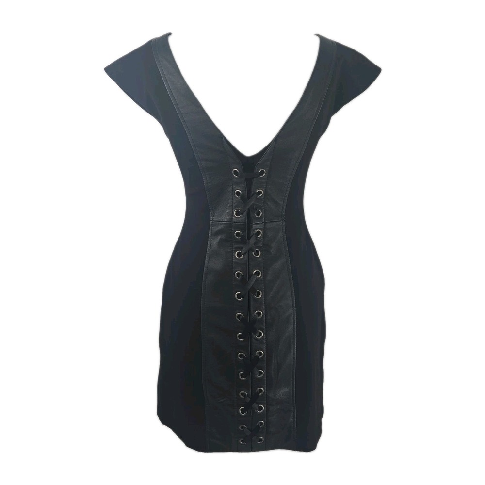 Boston Proper Size 2 Black Real Leather Ponte Knit Sheath Dress Corset Lace Back